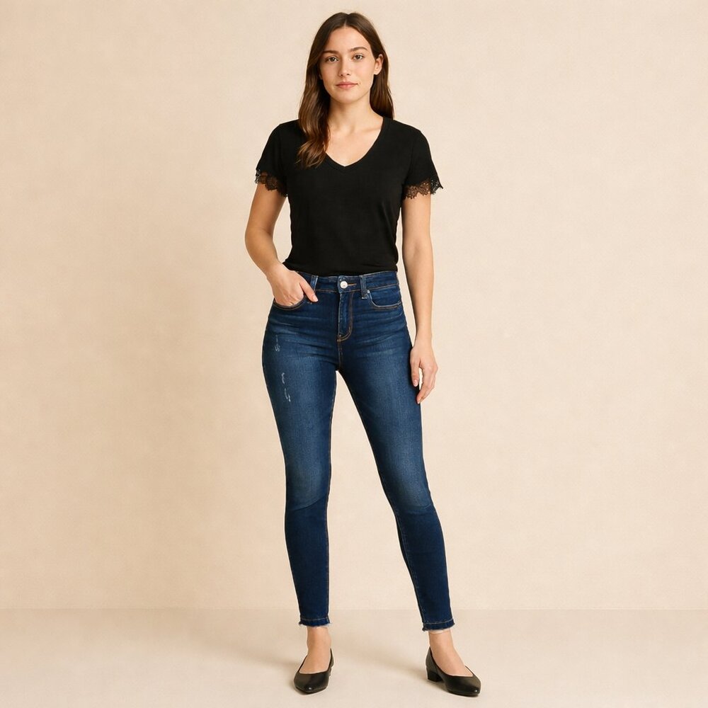 Eco-Friendly Mid-Rise Ankle-Length Distressed Skinny Jeans - Dark Wash - Size 00
